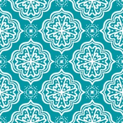 Elegant teal and white damask-style pattern with stylized floral medallions, textile graphic, ikat pattern, Traditional Design