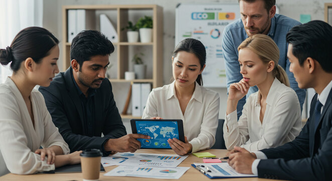 A diverse team collaborates on a global project, sharing ideas and insights around a tablet displaying a world map, a scene filled with focused energy and shared purpose in a modern office setting.