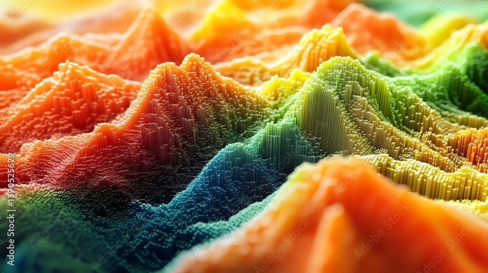 Poster colorful abstract mountain landscape with vibrant gradient from orange to green and blue, featuring 