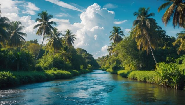 Tropical river bordered by trees along both banks.