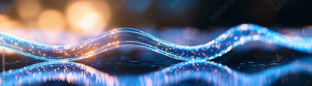 Poster abstract glowing wave pattern with blue light trails and bokeh effects against dark background creat