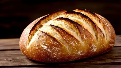 A freshly baked loaf of bread with a golden crust and slashes for a rustic appearance, placed on a wooden surface. Concept Freshly Baked Bread, Golden Crust, Rustic Appearance, Artisan Loaf