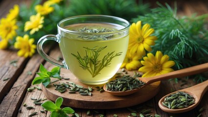 Fennel seed extract or tea on a wooden background adorned with fresh flowers, open space, natural medicine, beverage for increasing breast milk production, relaxation and sleep tea idea