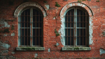 Fototapeta premium Two arched windows of a vintage red brick wall. Abstract architectural loft backdrop for design.