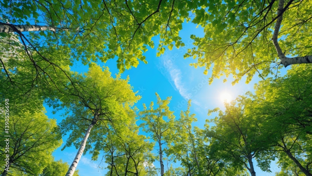 Poster a skyward view, displaying the tops of verdant trees against a clear azure sky. sunlight filters thr