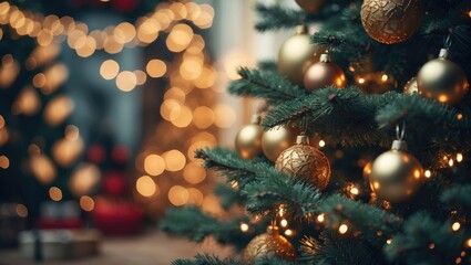 Christmas tree banner in dark decoration with pine set against a blurred bokeh light backdrop.