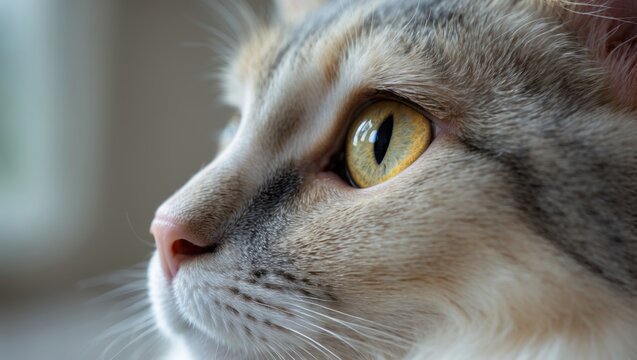 Close-Up of a Cat's Face on the Left, facing forward with one eye in vivid yellow and black color, Showcasing Detailed Fur Texture and a Pink Nose in a Calm and Personal Atmosphere