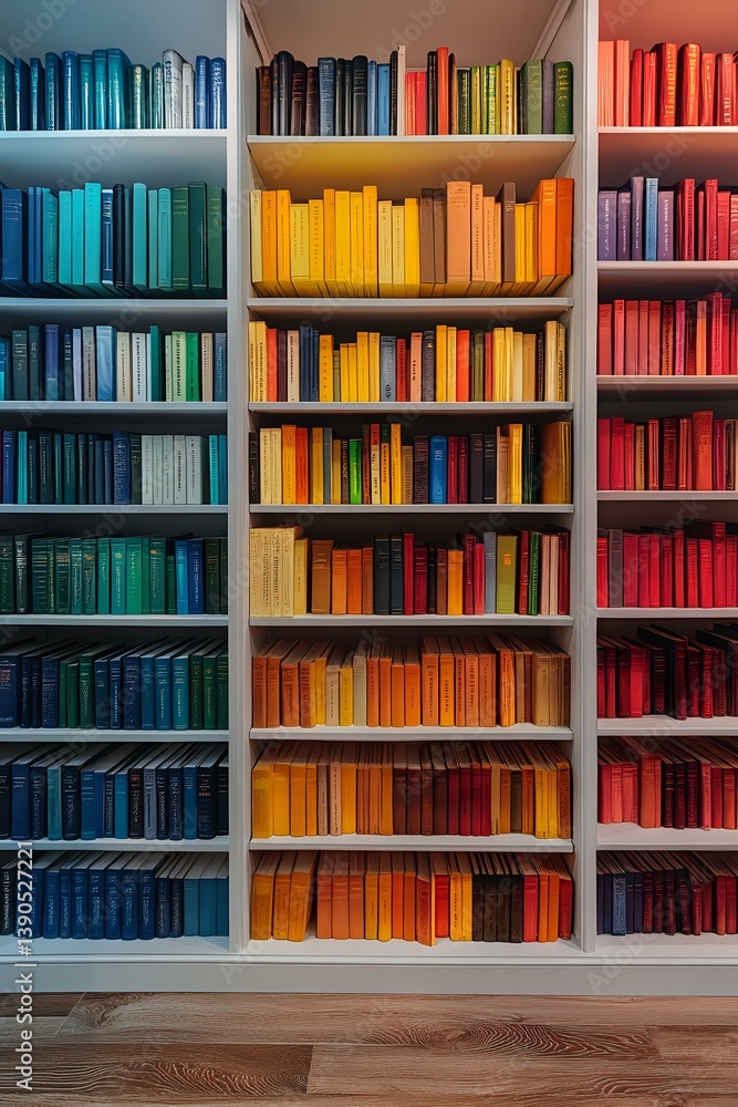 Poster colorful bookshelf with books arranged by color spectrum from blue through yellow to red creating ra