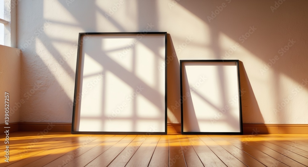Poster set of two aesthetic frames in varying sizes displayed on a wooden floor illuminated by sunlight.