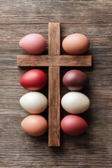 Rustic Easter Symbolism Artisan Wooden Cross with Earthy Palette Eggs - Spiritual Minimalism for Contemporary Faith-Based Marketing and Seasonal Storytelling