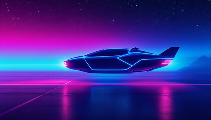 A futuristic flying car soars across a neon-lit landscape, its sleek lines and glowing blue lights hinting at a world of technological innovation and boundless possibilities.  