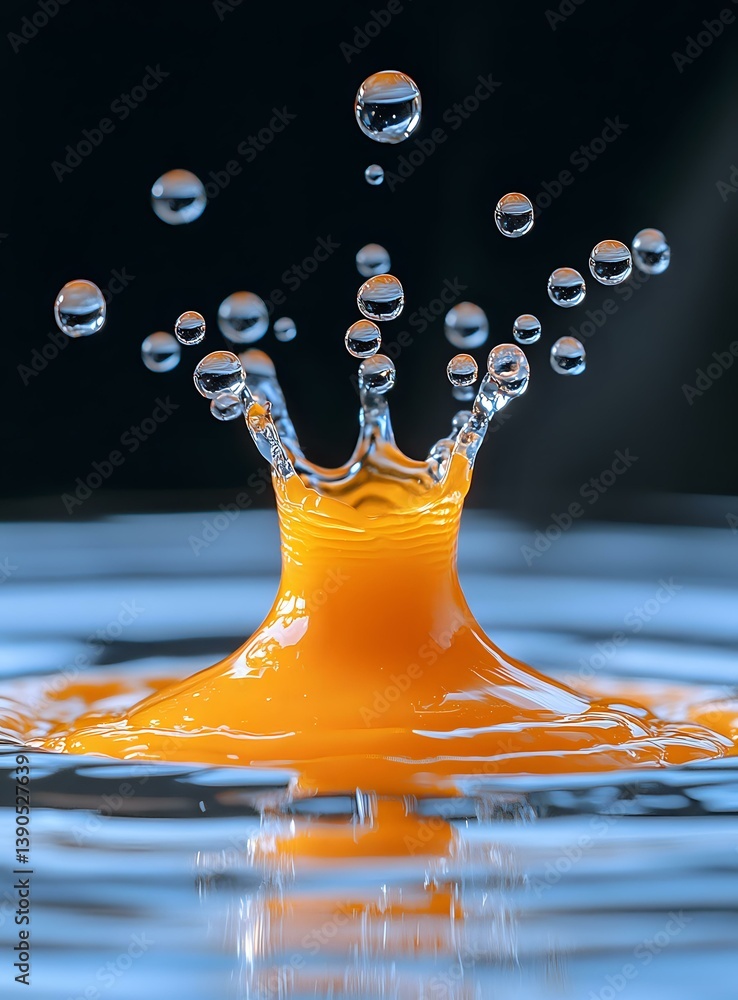 Poster Orange liquid crown splash with floating water droplets captured in high-speed macro photography against dark background. Frozen motion shows fluid dynamics.