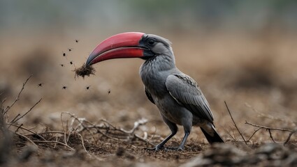 With keen eyesight and swift actions, the red-billed hornbill grabs insects, enjoying a morning meal in the damp grass.