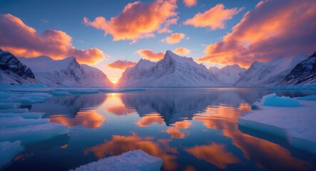 Stunning landscape panorama showcasing mountains by the sea with incredible reflections at the midnight sun, sunset, and sunrise all at once