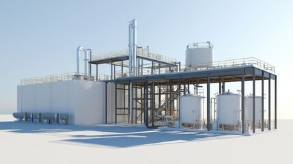 Obraz premium Water treatment infrastructure with large storage tanks and processing units.