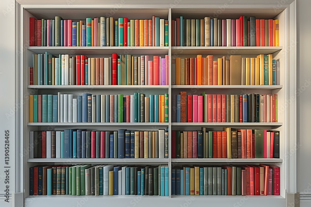 Poster modern bookshelf filled with colorful hardcover books arranged in rows on white wooden shelves, crea