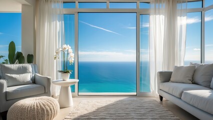 Fototapeta premium Flat or living room details showcasing a sea view under a sunny sky. A romantic setting with a large window, armchair, and carpet positioned on the left. It conveys a feeling of calm and serenity.