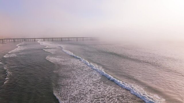  Venice Beach Pier with Fog and Ocean Waves in Los Angeles
