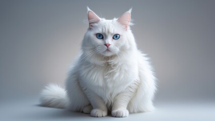 Obraz premium On a light gray background, a curious white cat with vibrant blue eyes stares directly at the camera, its fluffy fur and pink nose prominent.