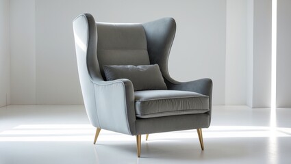 A chic wing-back chair upholstered in cozy gray velvet featuring tapered brass legs.
