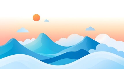 Sunrise over stylized blue mountains and clouds.