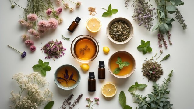 Set of home remedies for quick flu relief and immunity boosting using herbs, honey, lemon, and tea.