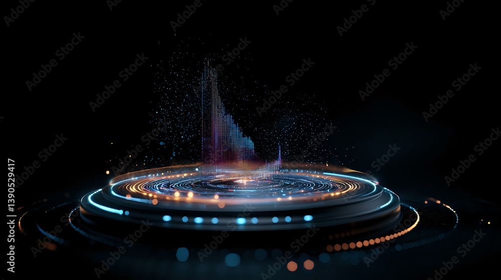 Poster futuristic glowing spiral with light trails and particles creating dynamic circular motion against d