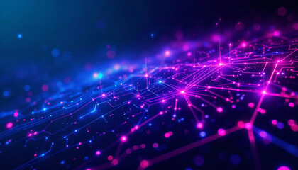 Fototapeta premium Digital Network Landscape: A mesmerizing visual abstract of vibrant pink and blue lines connecting luminous points against a dark backdrop.