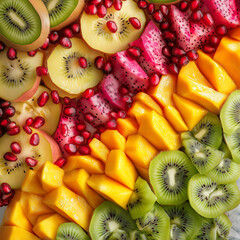 A vibrant fruit platter featuring an assortment of colorful slices including kiwi, mango, and pomegranate seeds