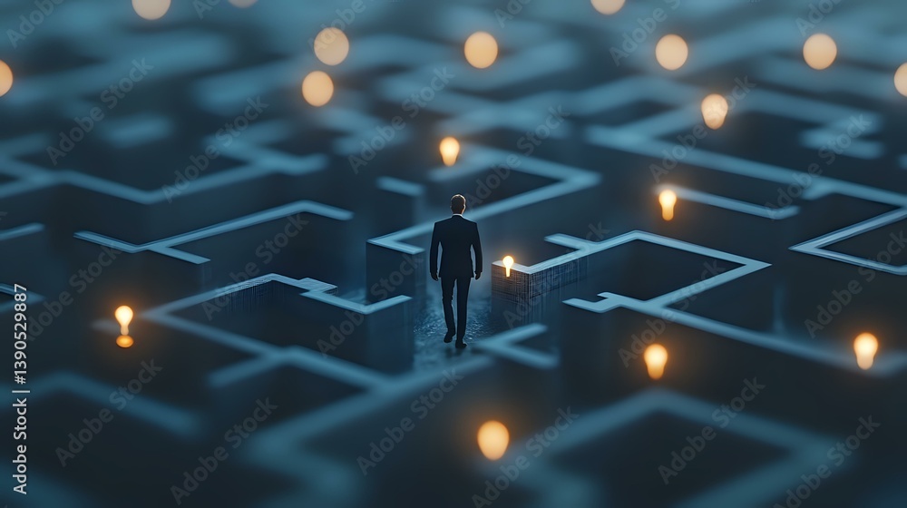 Poster businessman walking through glowing maze path with illuminated lights, representing business challen