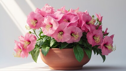 Lovely impatiens in a terracotta planter set against a white background