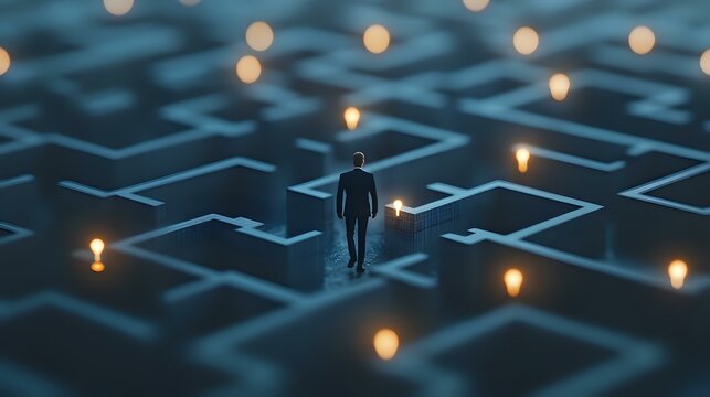 Businessman walking through glowing maze path with illuminated lights, representing business challenges, decision making and finding solutions in complex situations.