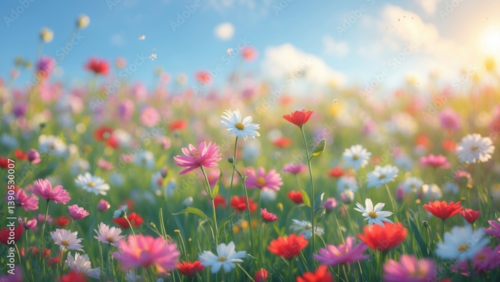 Poster a picturesque summer meadow filled with spring flowers. lush colorful scenery with an array of wildf