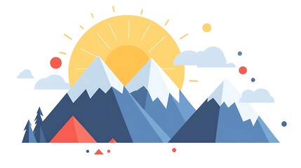 Sunrise over stylized snow-capped mountains.