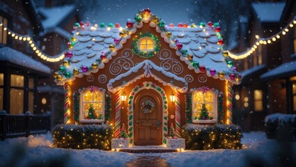 Obraz premium Cozy fairy tale cottage adorned with sparkling garlands and shimmering designs, festive night street Christmas display for a joyful atmosphere, yellow flickering lights on house exterior