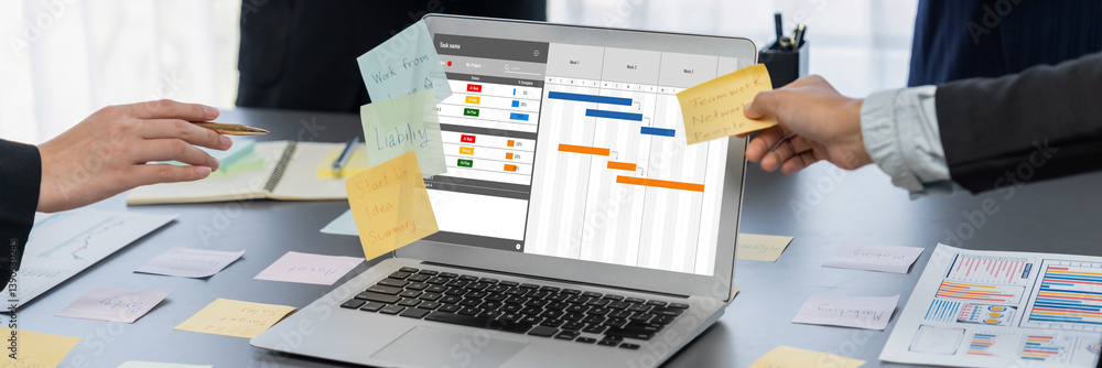 Poster project planning software for brisk business project management on the computer screen showing timel