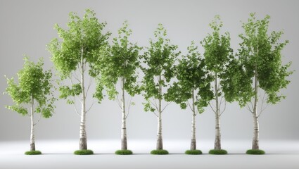 Obraz premium Collection of green birch trees against a white background for nature, ecology and conservation, strength and endurance, force and life.