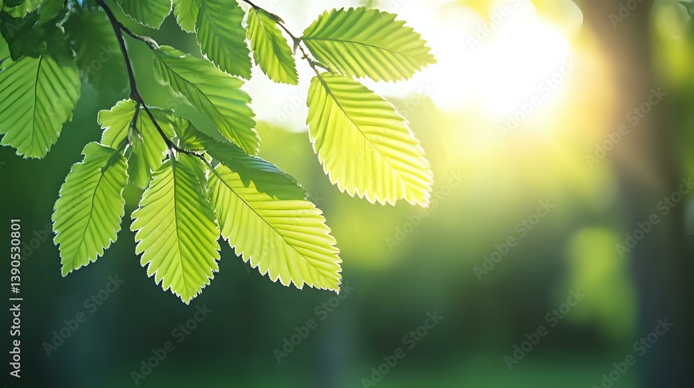 Aufkleber fresh green elm leaves backlit by soft sunlight creating natural bokeh effect in forest. serrated le