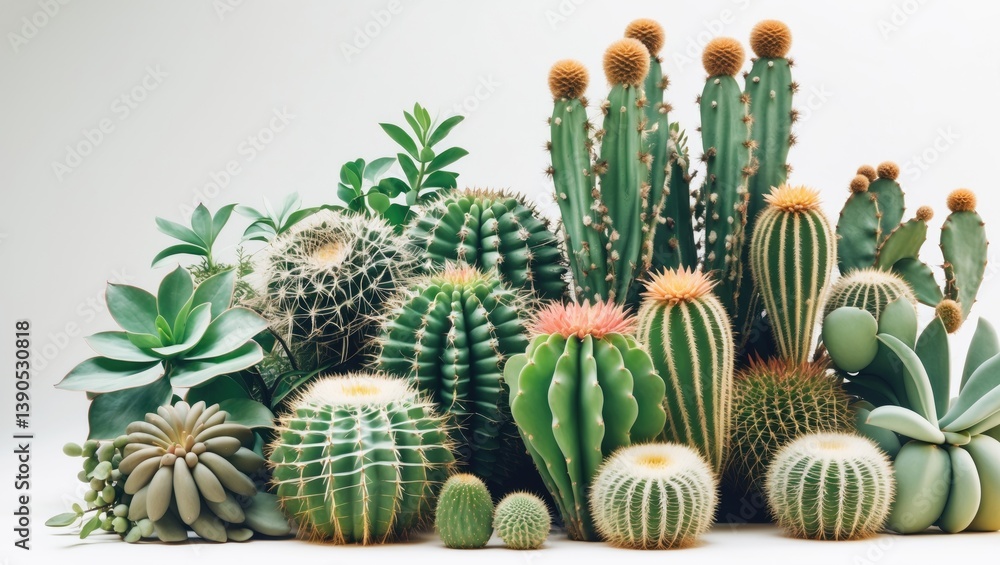 Poster set of isolated cactus and shrub on a white background with clipping paths