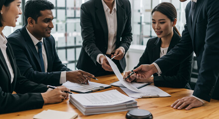 A collaborative team of legal professionals meticulously reviewing important documents, their focused expressions highlighting dedication and teamwork in a modern office setting with warm lighting.