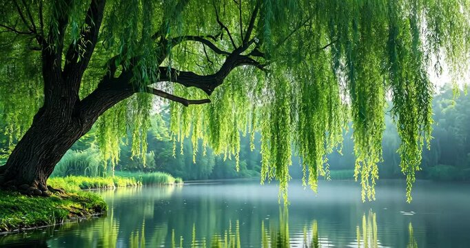 A willow tree gracefully drapes its branches over a tranquil lake on a misty morning.