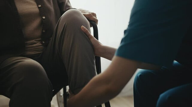 Rehab nurse assisting old woman in wheelchair, guiding physical rehabilitation