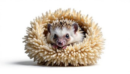 Tiny hedgehog curled in a ball, isolated on pure white background, design, mammal photography, isolated