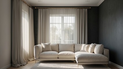 Fototapeta premium Stylish curtains with ring-top track, Living room curtain design