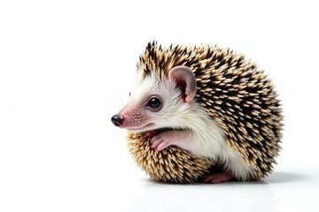 Tiny hedgehog curled in a ball, isolated on pure white background , forest, minimalist