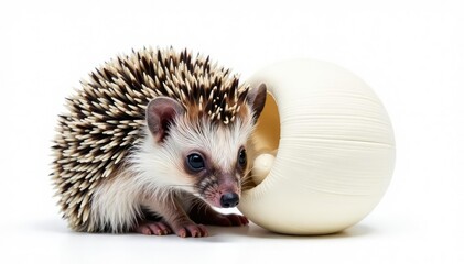 Tiny hedgehog curled in a ball, isolated on pure white background, studio shot, isolated, dark