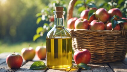 Bottle of apple cider vinegar on a summer day with apples