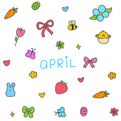 Hello April . Cute set of spring elements. Birds, flowers, insects, leaves.  flowers in bloom, geese and rabbits, vintage style, vector design. Happy Easter poster. Easter eggs and bunny in flowers 