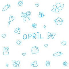 Hello April . Cute set of spring elements. Birds, flowers, insects, leaves.  flowers in bloom, geese and rabbits, vintage style, vector design. Happy Easter poster. Easter eggs and bunny in flowers 