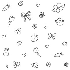 Hello April . Cute set of spring elements. Birds, flowers, insects, leaves.  flowers in bloom, geese and rabbits, vintage style, vector design. Happy Easter poster. Easter eggs and bunny in flowers 